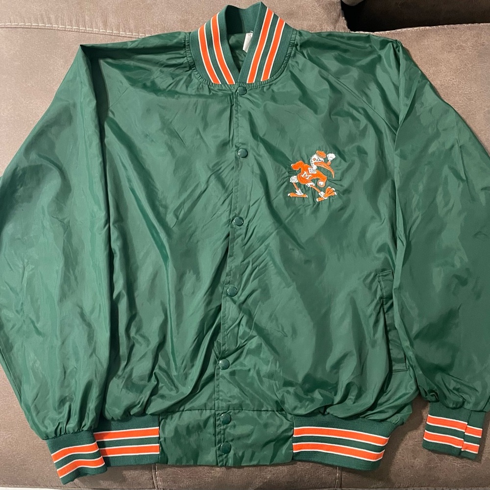 Vintage 80s Miami Hurricanes Jacket Mens Large Green NCAA Satin Bomber Varsity